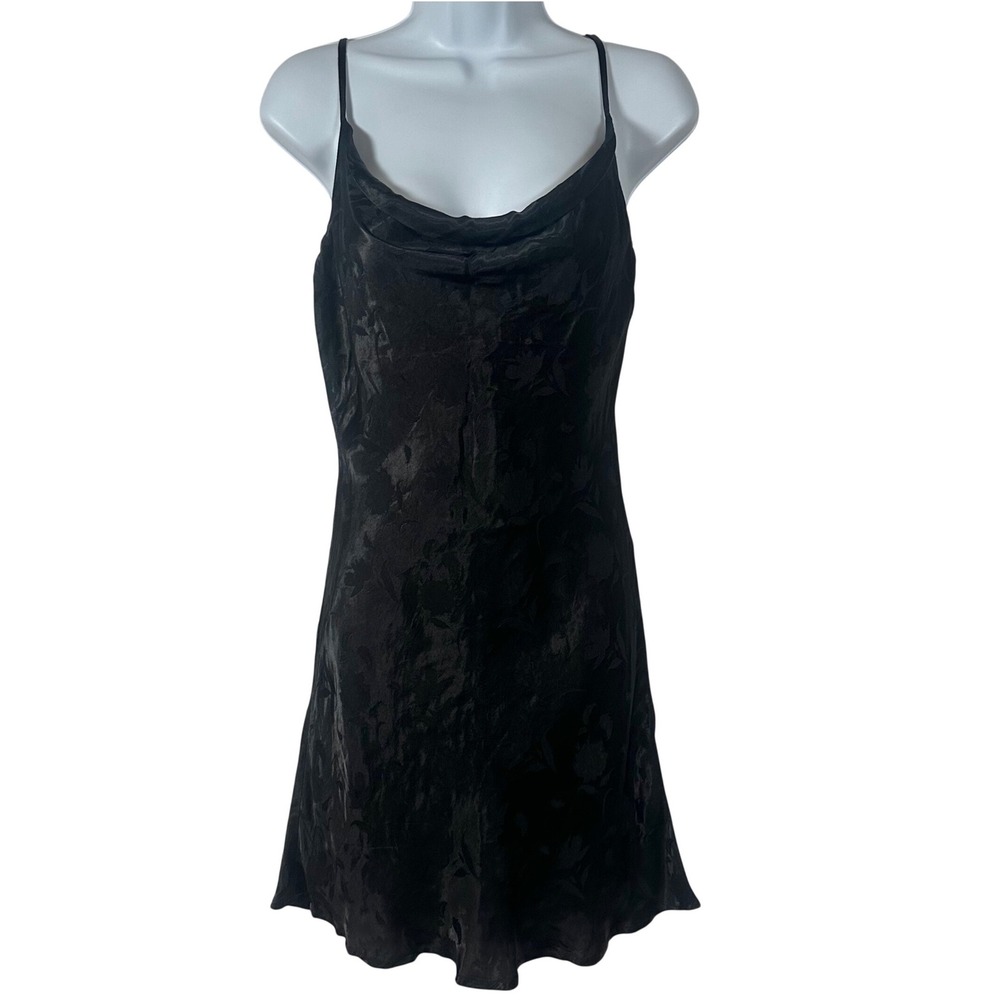 Audrey 3+1 Black Satin‎ Slip Dress with Floral Accents Medium